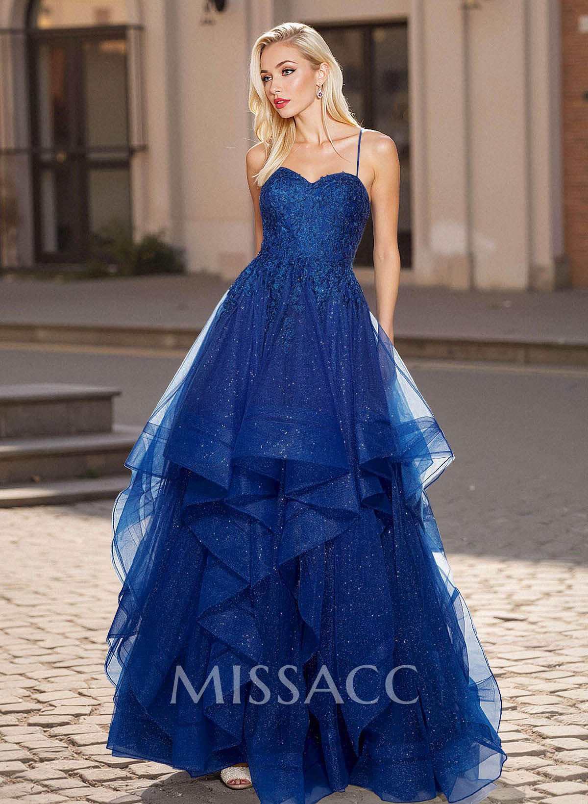 Princess Ball Gown Sweetheart Tiered Skirt Tulle Prom Dresses With Cross Strappy Back