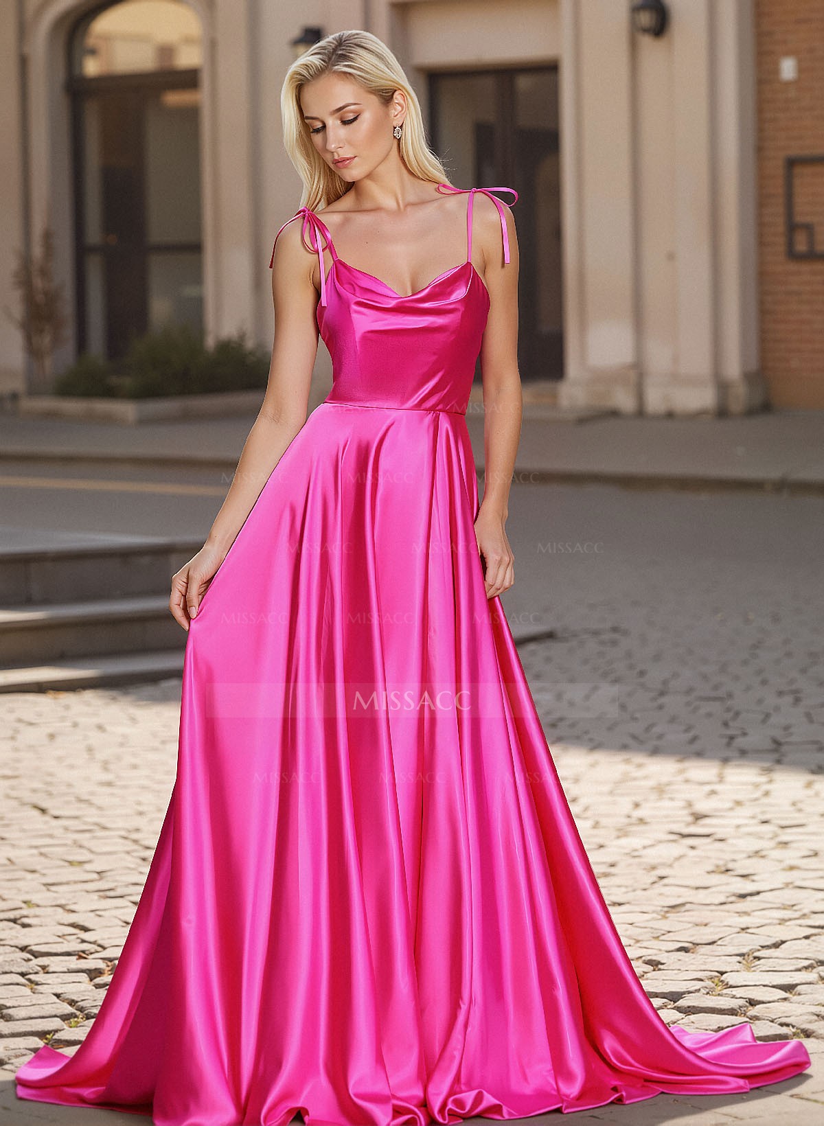 Minimalistic Cowl Neck Spaghetti Straps Silk Like Satin Prom Dresses With High Split