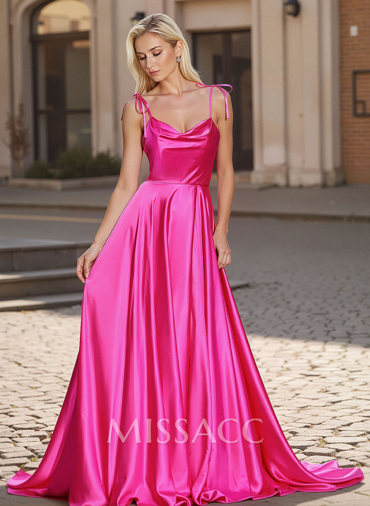 Minimalistic Cowl Neck Spaghetti Straps Silk Like Satin Prom Dresses With High Split