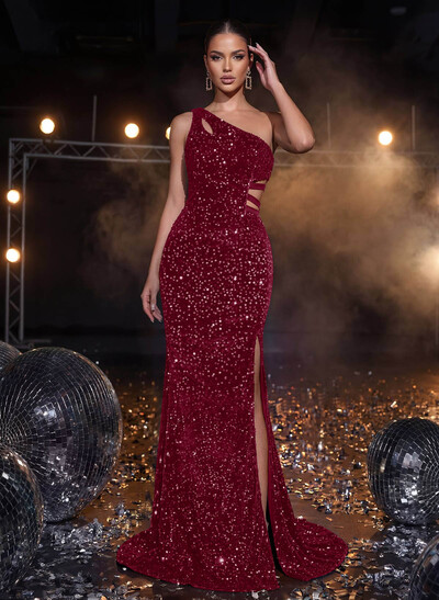 Exquisite One-Shoulder Outcut Velvet Sequin Prom Dresses With High Split