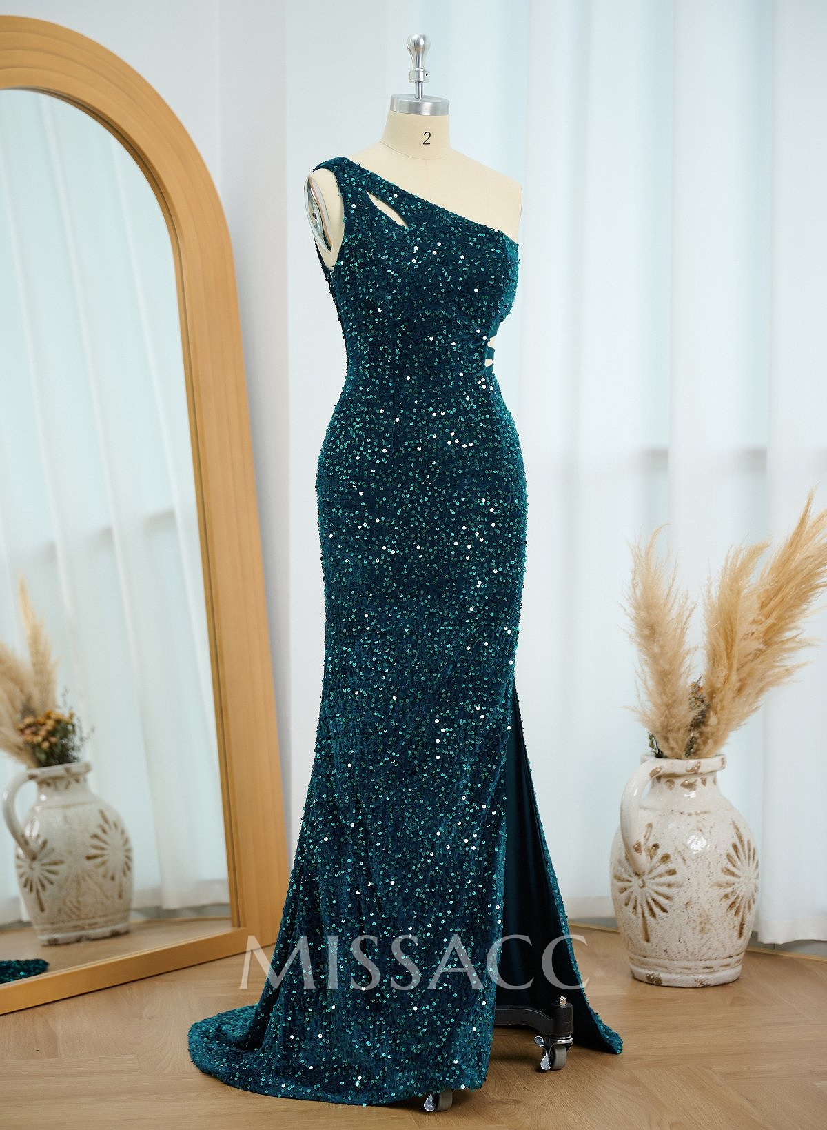Exquisite One-Shoulder Outcut Velvet Sequin Prom Dresses With High Split
