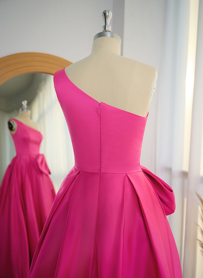 Modest One-Shoulder Bow Accented Satin Prom Dresses With High Split