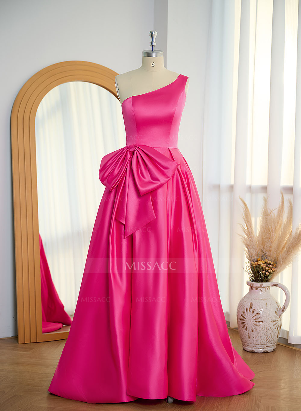Modest One-Shoulder Bow Accented Satin Prom Dresses With High Split