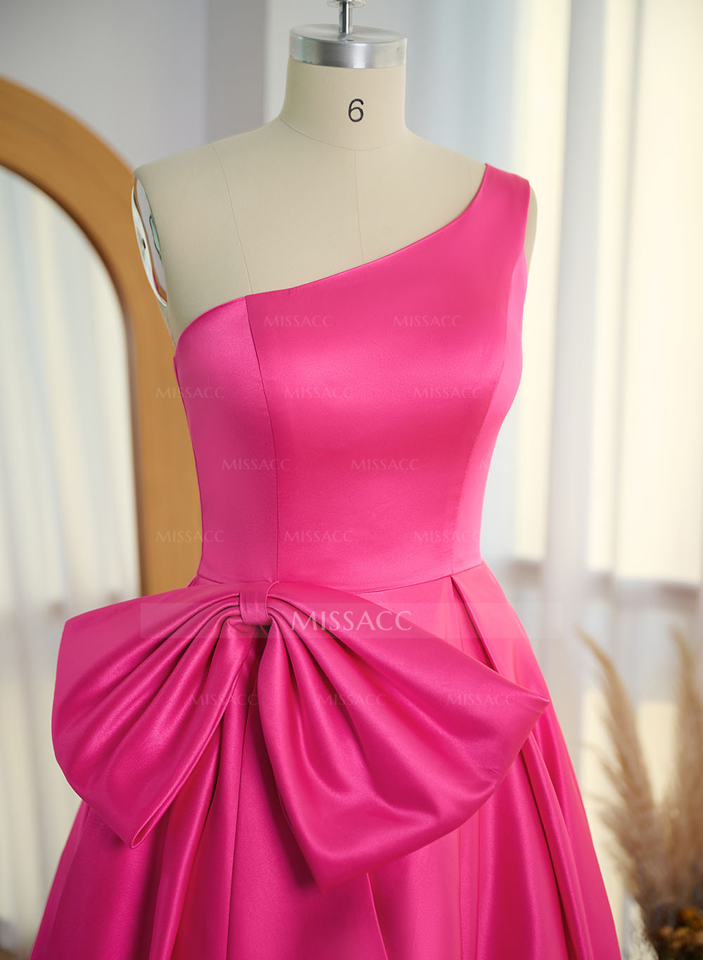 Modest One-Shoulder Bow Accented Satin Prom Dresses With High Split