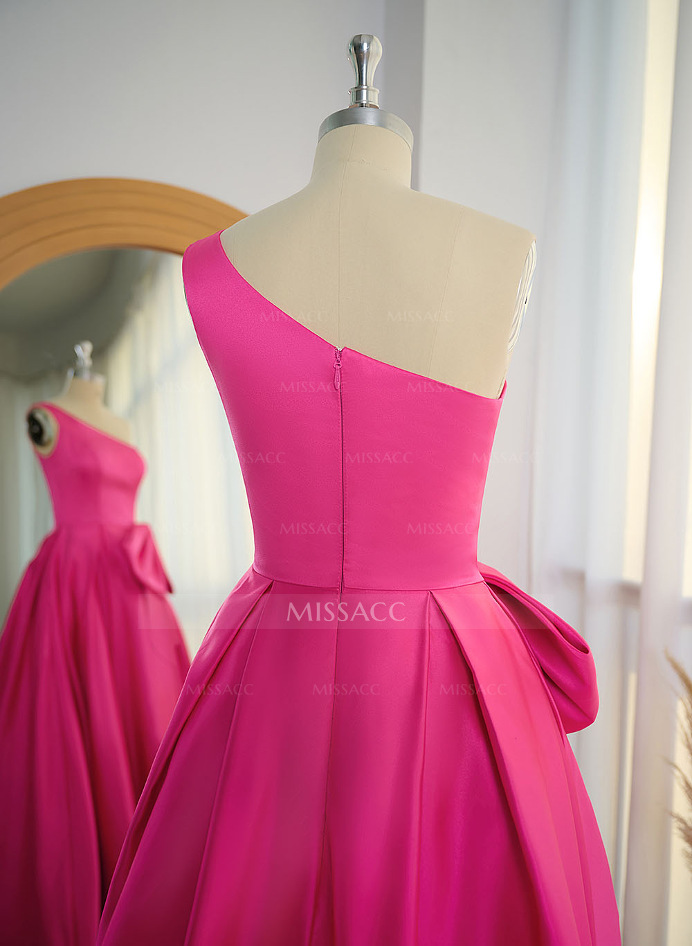 Modest One-Shoulder Bow Accented Satin Prom Dresses With High Split