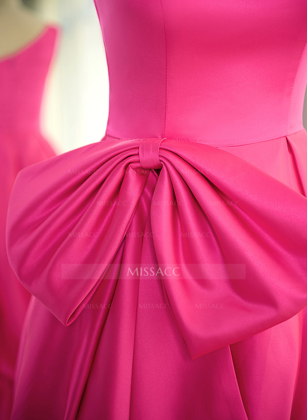 Modest One-Shoulder Bow Accented Satin Prom Dresses With High Split