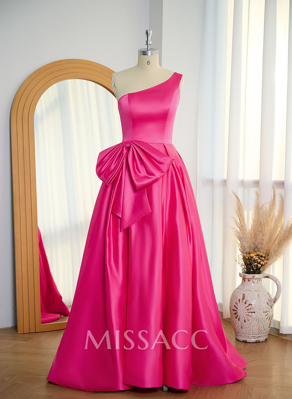 Modest One-Shoulder Bow Accented Satin Prom Dresses With High Split Modest One-Shoulder Bow Accented Satin Prom Dresses With High Split
