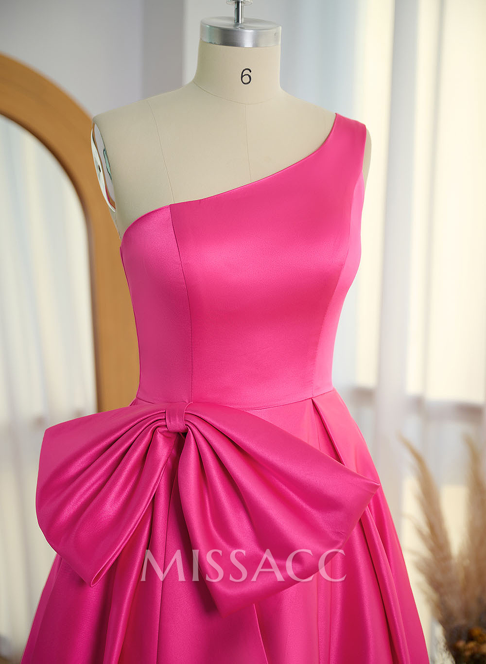 Modest One-Shoulder Bow Accented Satin Prom Dresses With High Split Modest One-Shoulder Bow Accented Satin Prom Dresses With High Split