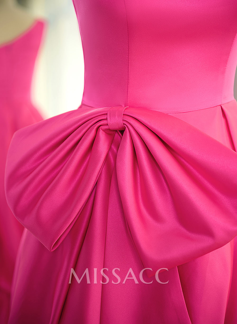 Modest One-Shoulder Bow Accented Satin Prom Dresses With High Split Modest One-Shoulder Bow Accented Satin Prom Dresses With High Split