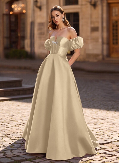 Sweet & Flow Bow Accented Detachable Sleeves Satin Prom Dresses With Lace Up Back