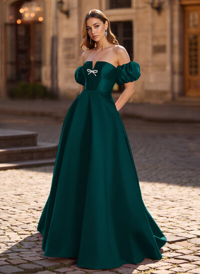 Sweet & Flow Bow Accented Detachable Sleeves Satin Prom Dresses With Lace Up Back