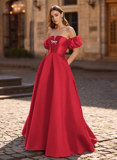 Sweet & Flow Bow Accented Detachable Sleeves Satin Prom Dresses With Lace Up Back