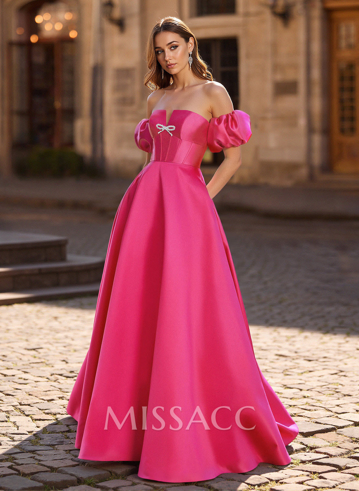 Sweet & Flow Bow Accented Detachable Sleeves Satin Prom Dresses With Lace Up Back Sweet & Flow Bow Accented Detachable Sleeves Satin Prom Dresses With Lace Up Back