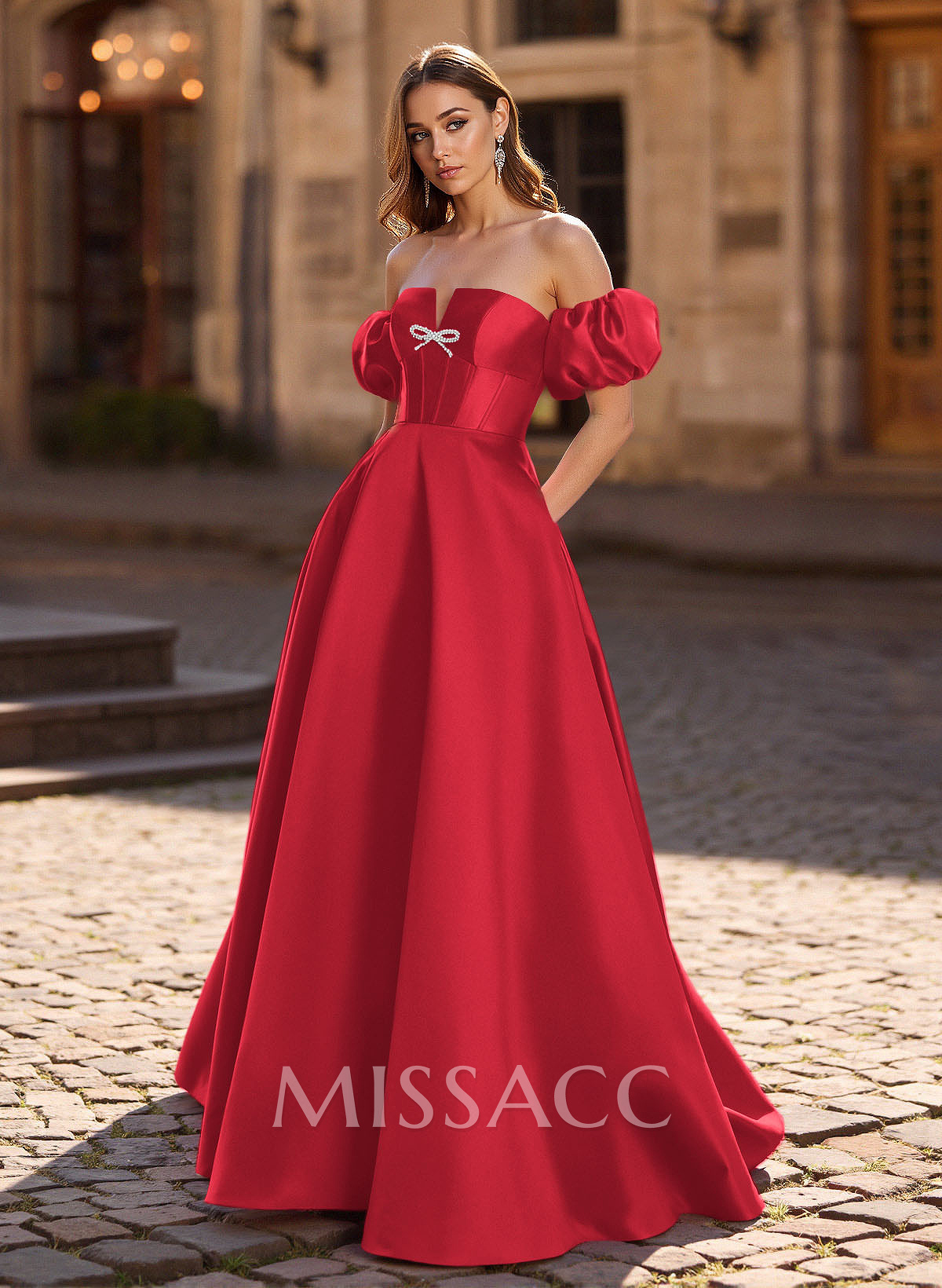 Sweet & Flow Bow Accented Detachable Sleeves Satin Prom Dresses With Lace Up Back
