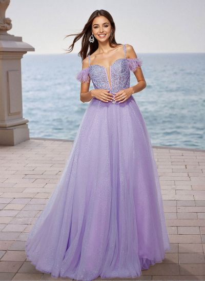 Sequin Lace Cold Shoulder A-Line Floor-Length Tulle Prom Dress