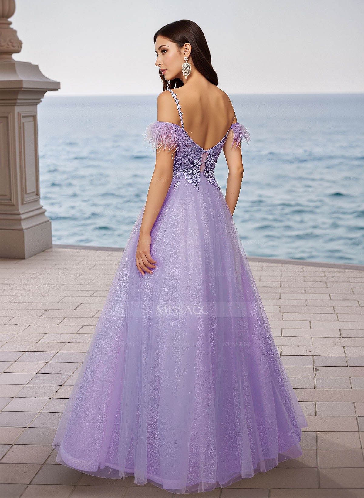 Sequin Lace Cold Shoulder A-Line Floor-Length Tulle Prom Dress