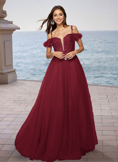 Sequin Lace Cold Shoulder A-Line Floor-Length Tulle Prom Dress