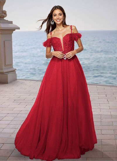 Sequin Lace Cold Shoulder A-Line Floor-Length Tulle Prom Dress