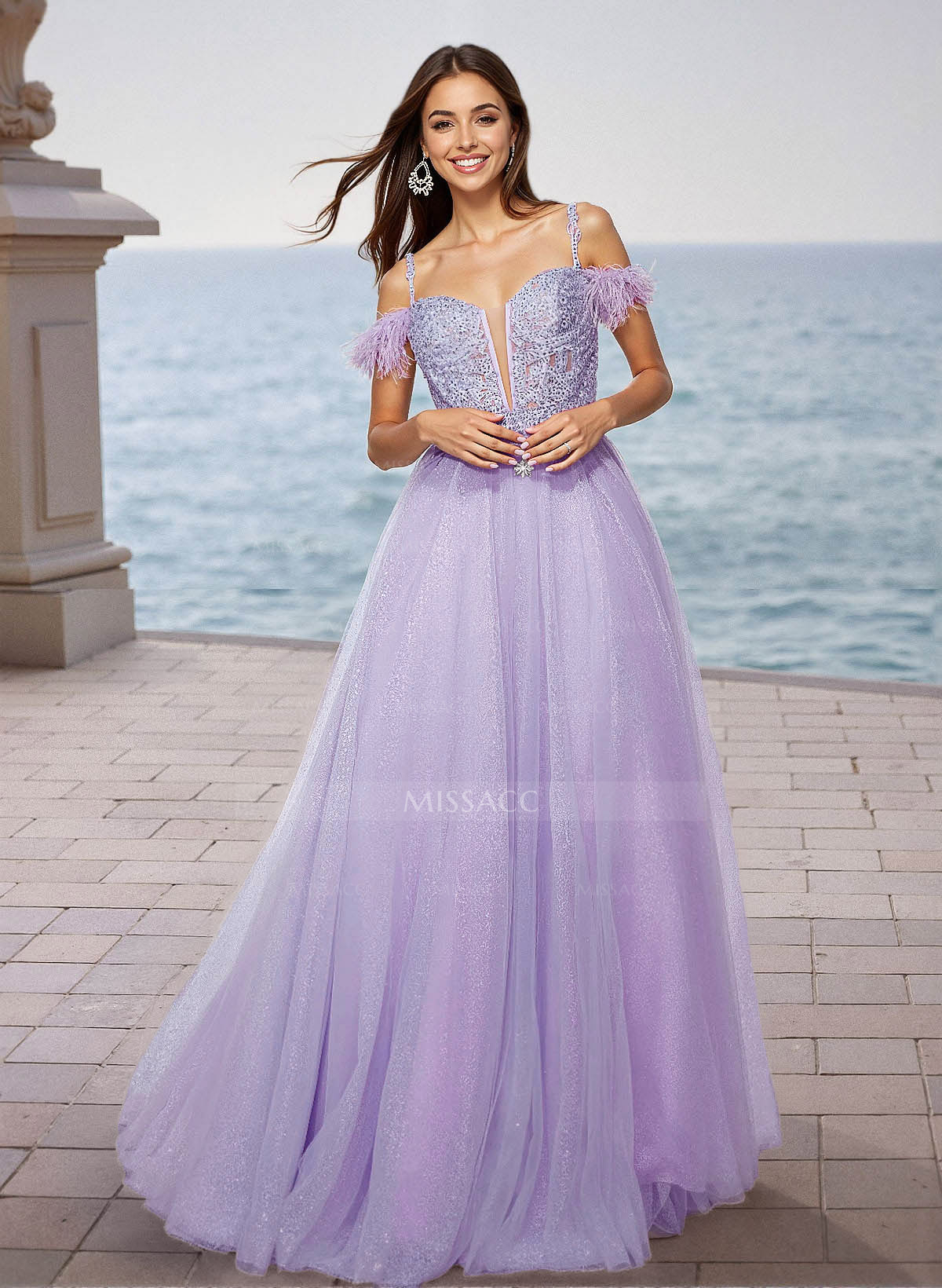 Sequin Lace Cold Shoulder A-Line Floor-Length Tulle Prom Dress