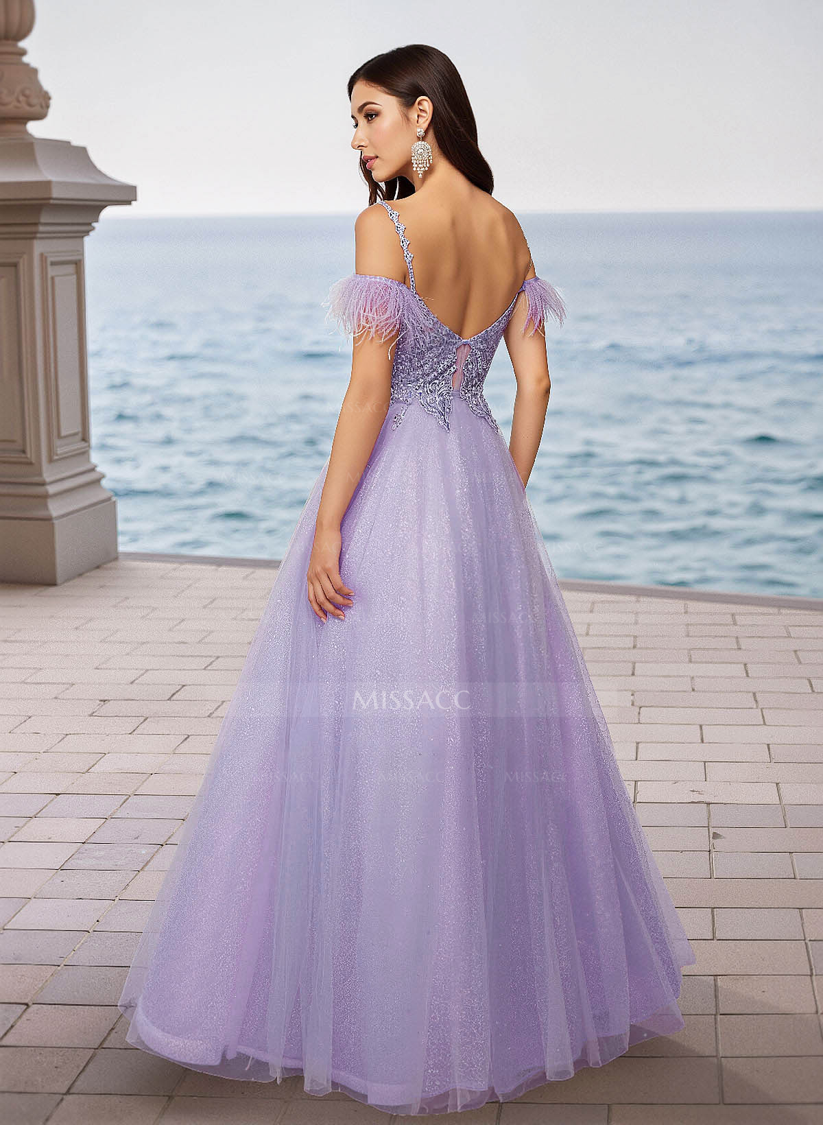 Sequin Lace Cold Shoulder A-Line Floor-Length Tulle Prom Dress