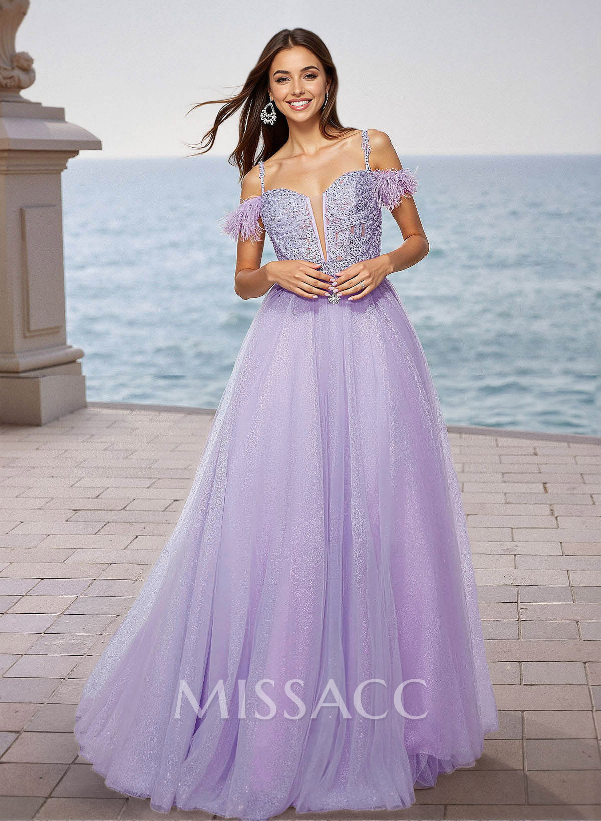 Sequin Lace Cold Shoulder A-Line Floor-Length Tulle Prom Dress