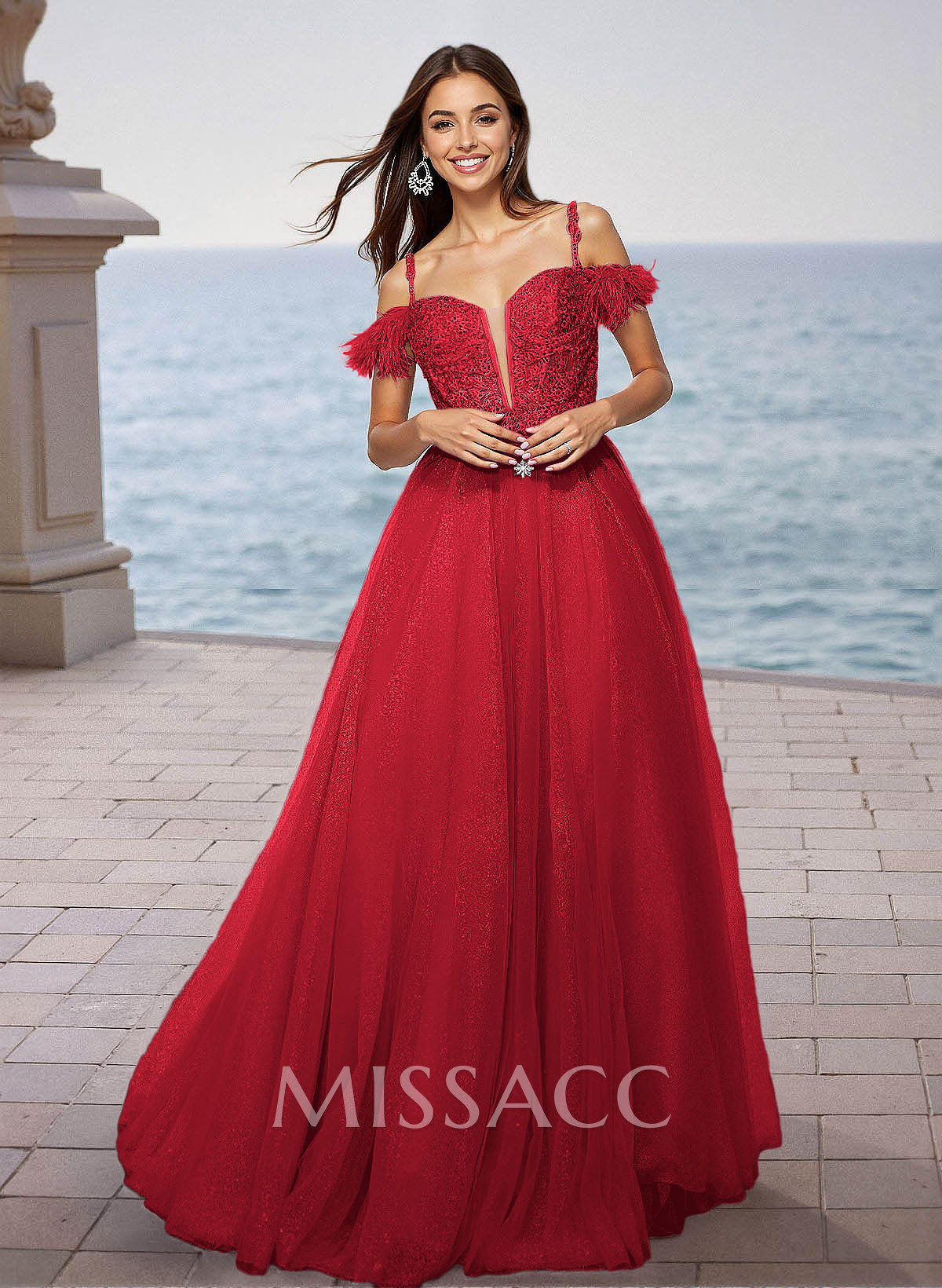 Sequin Lace Cold Shoulder A-Line Floor-Length Tulle Prom Dress