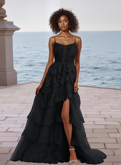 Sparkly Cowl Neck Spaghetti Straps Lace Corset A-Line Tulle Prom Dress