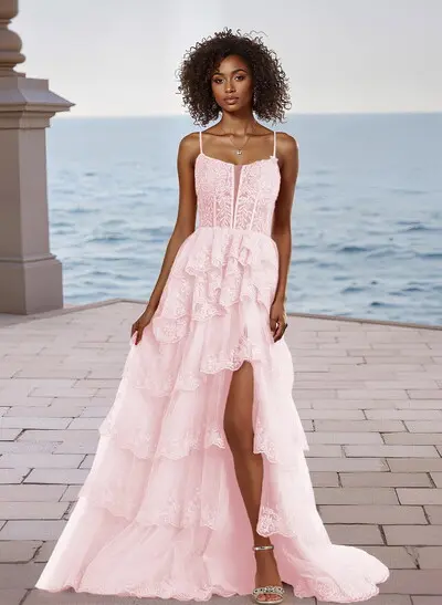 light pink sparkle dress Sheer-Waist Long A-Line Prom Dress with Sequin Flowers Light Pink / 2 main image 1