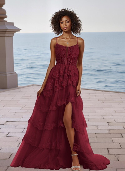 Sparkly Cowl Neck Spaghetti Straps Lace Corset A-Line Tulle Prom Dress
