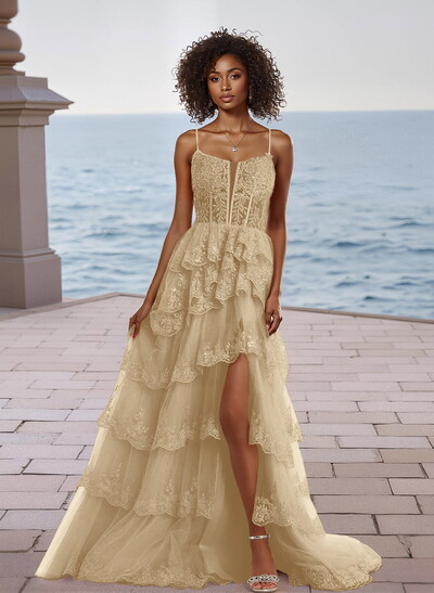 Sparkly Cowl Neck Spaghetti Straps Lace Corset A-Line Tulle Prom Dress