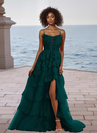 Sparkly Cowl Neck Spaghetti Straps Lace Corset A-Line Tulle Prom Dress