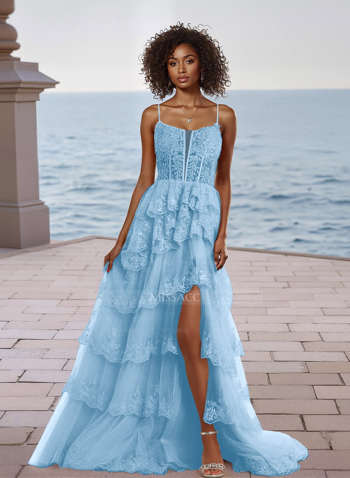 Sparkly Cowl Neck Spaghetti Straps Lace Corset A-Line Tulle Prom