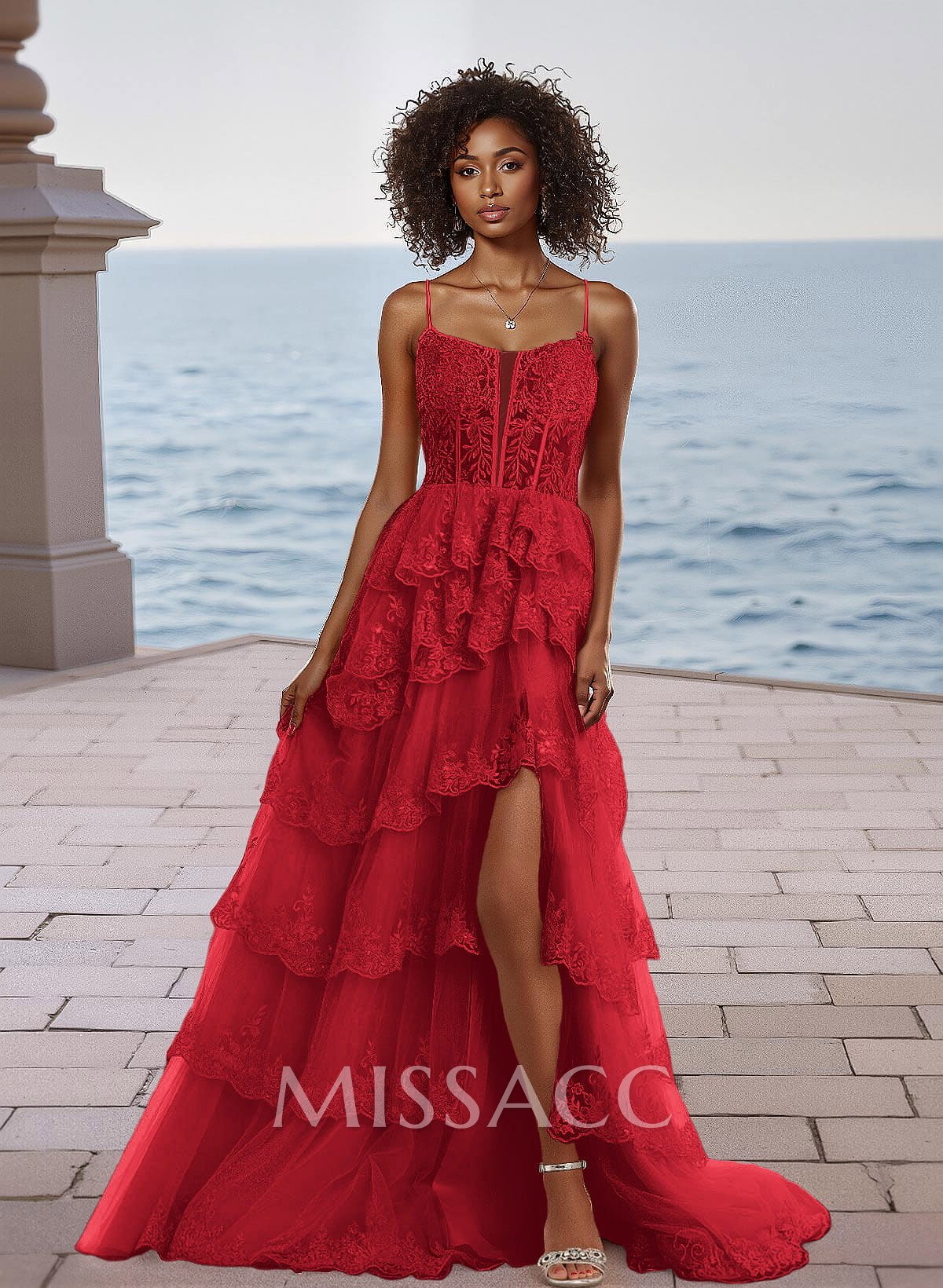 Sparkly Cowl Neck Spaghetti Straps Lace Corset A-Line Tulle Prom Dress