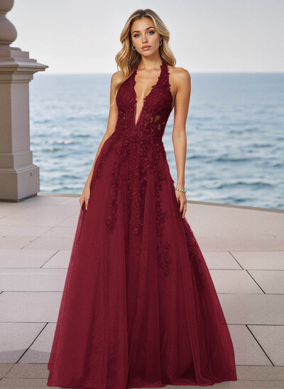 Shiny Halter Lace Illusion Corset A-Line Sweep Train Tulle Prom Dresses