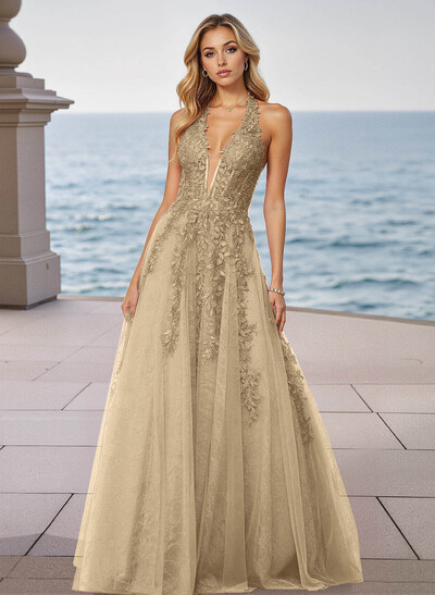 Shiny Halter Lace Illusion Corset A-Line Sweep Train Tulle Prom Dresses