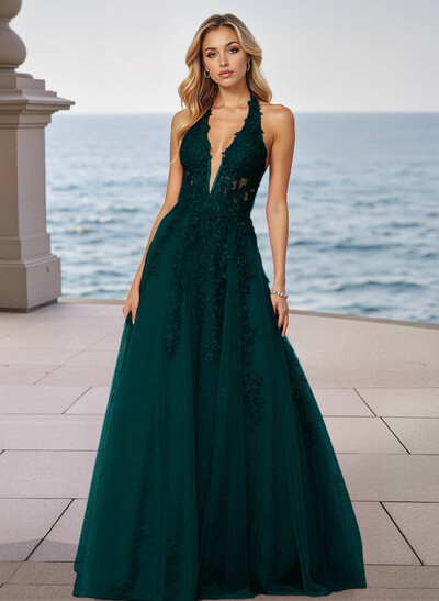 Shiny Halter Lace Illusion Corset A-Line Sweep Train Tulle Prom Dresses