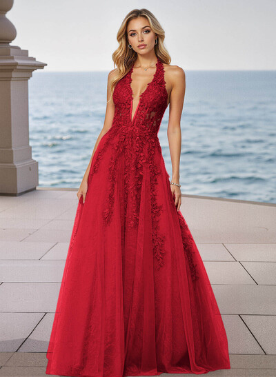 Shiny Halter Lace Illusion Corset A-Line Sweep Train Tulle Prom Dresses