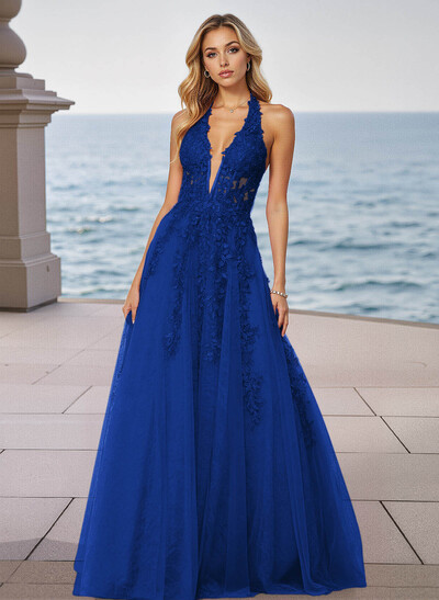 Shiny Halter Lace Illusion Corset A-Line Sweep Train Tulle Prom Dresses