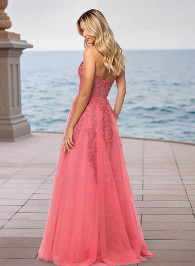 Shiny Halter Lace Illusion Corset A-Line Sweep Train Tulle Prom Dresses