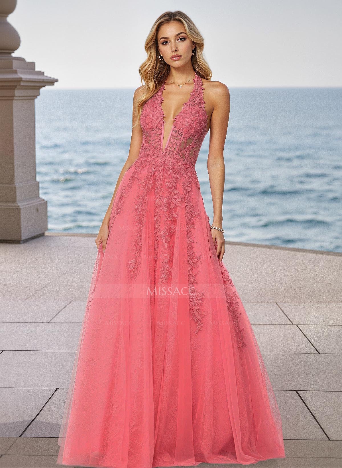 Shiny Halter Lace Illusion Corset A-Line Sweep Train Tulle Prom Dresses