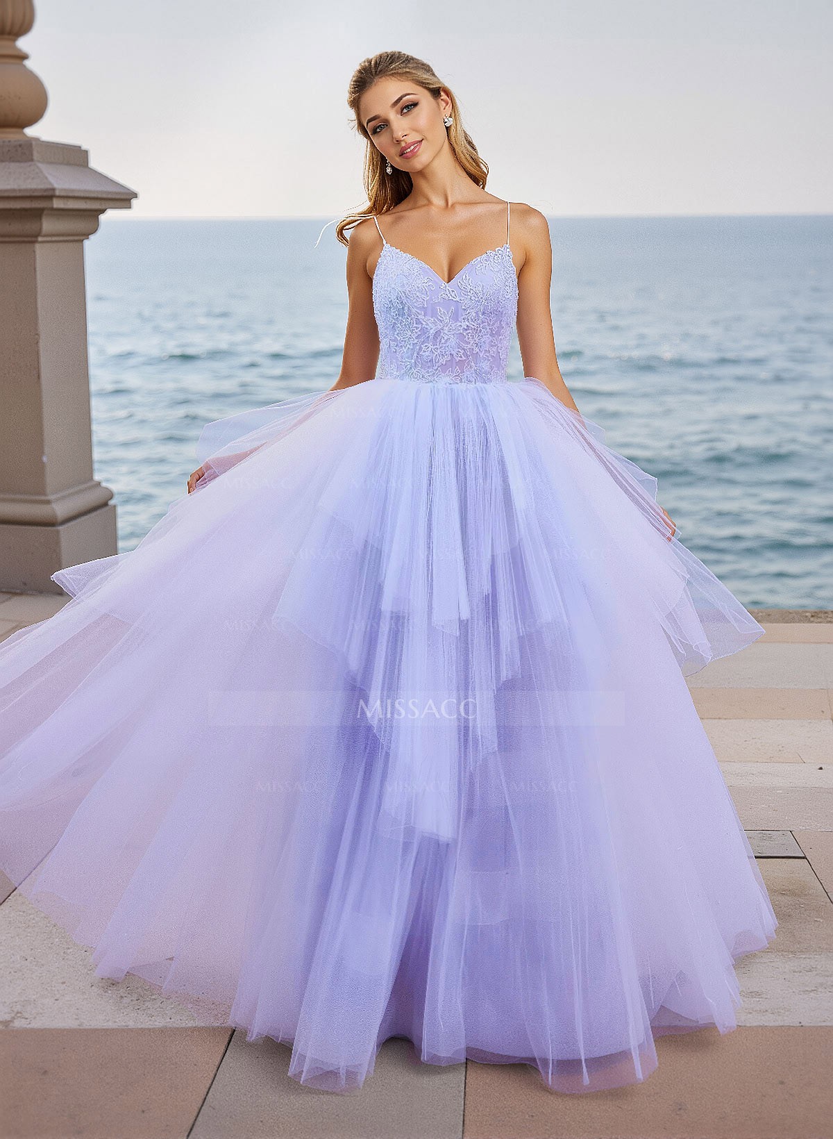 Dreamy V-Neck Spaghetti Straps Lace A-Line Floor-Length Tulle Prom Dresses