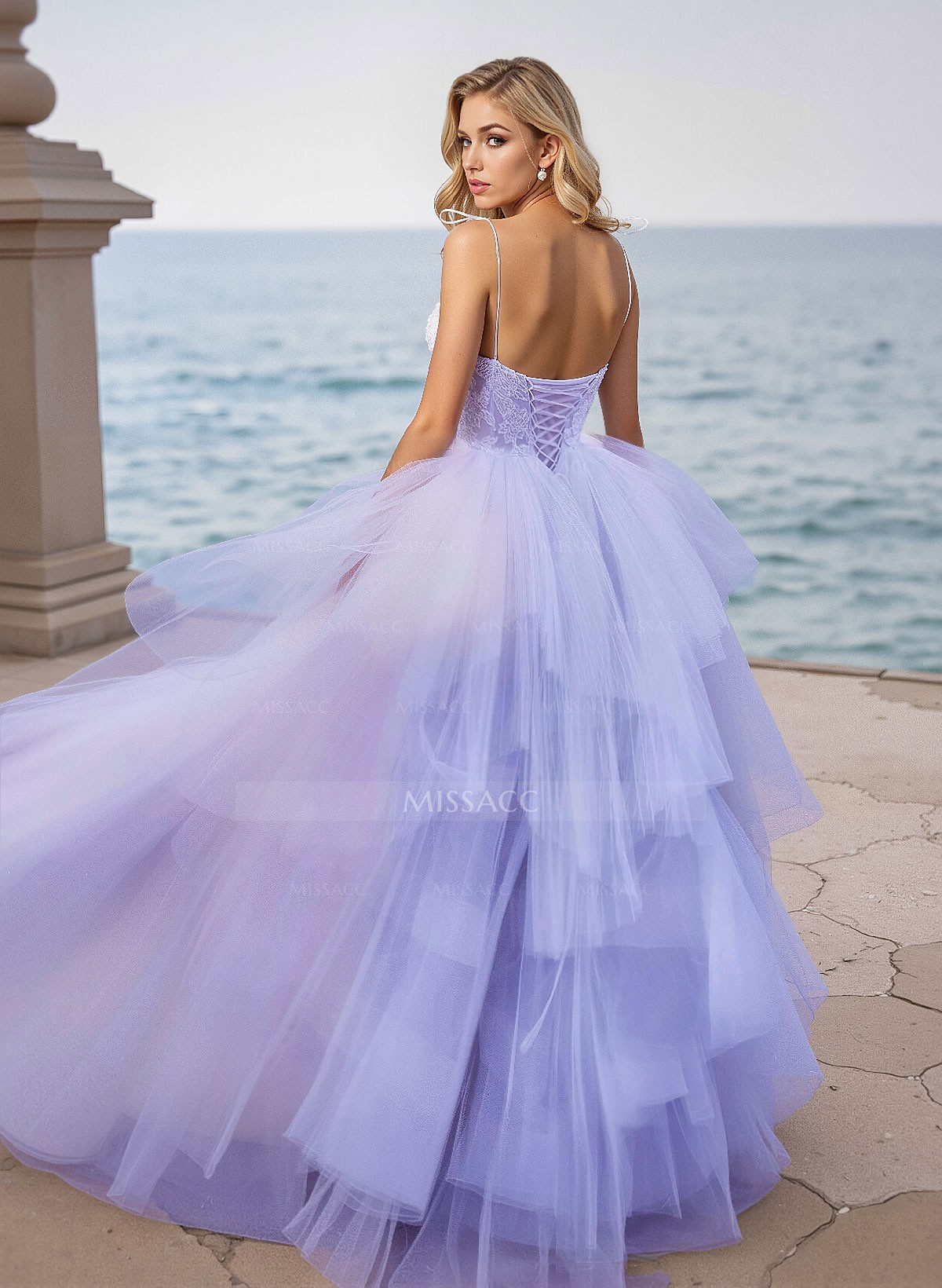 Dreamy V-Neck Spaghetti Straps Lace A-Line Floor-Length Tulle Prom Dresses