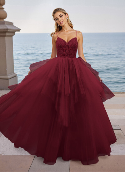 Dreamy V-Neck Spaghetti Straps Lace A-Line Floor-Length Tulle Prom Dresses
