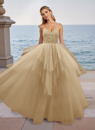 Dreamy V-Neck Spaghetti Straps Lace A-Line Floor-Length Tulle Prom Dresses