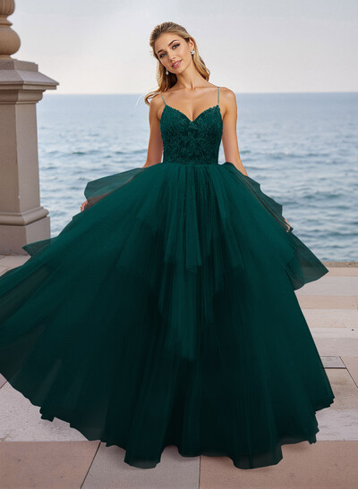 Dreamy V-Neck Spaghetti Straps Lace A-Line Floor-Length Tulle Prom Dresses