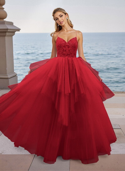 Dreamy V-Neck Spaghetti Straps Lace A-Line Floor-Length Tulle Prom Dresses