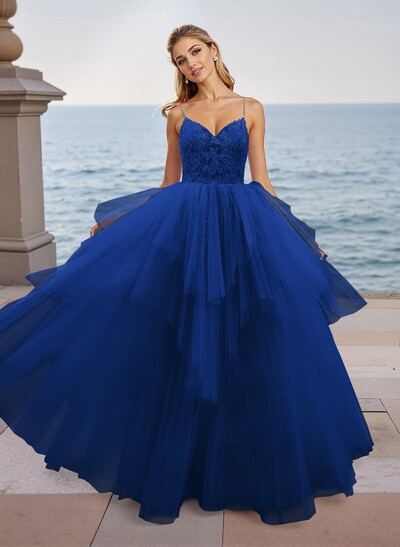 Dreamy V-Neck Spaghetti Straps Lace A-Line Floor-Length Tulle Prom Dresses