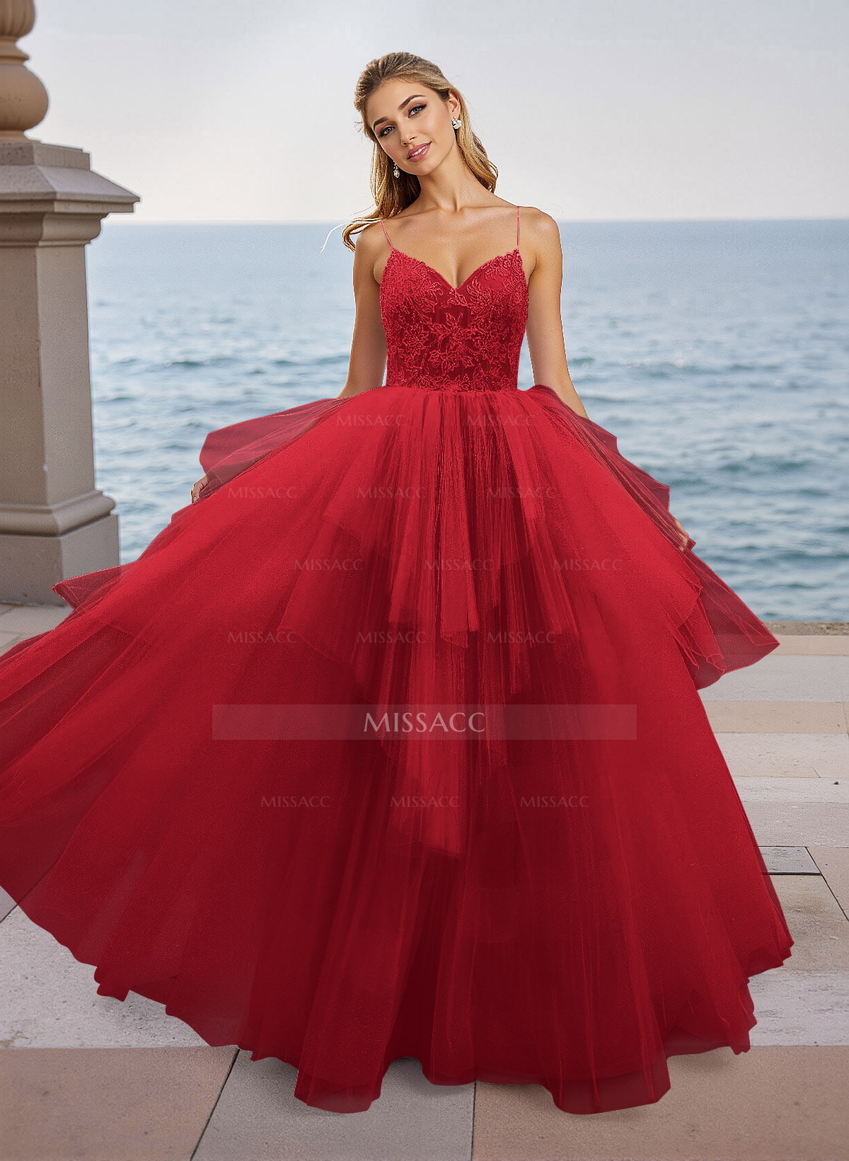 Dreamy V-Neck Spaghetti Straps Lace A-Line Floor-Length Tulle Prom Dresses