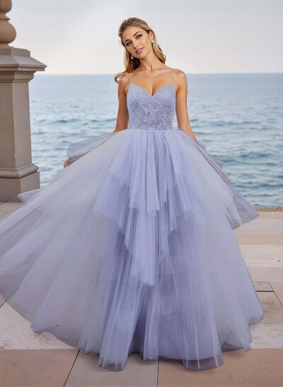 Dreamy V-Neck Spaghetti Straps Lace A-Line Floor-Length Tulle Prom Dresses
