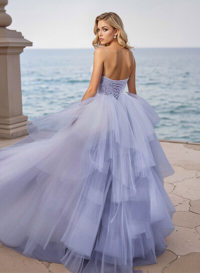 Dreamy V-Neck Spaghetti Straps Lace A-Line Floor-Length Tulle Prom Dresses
